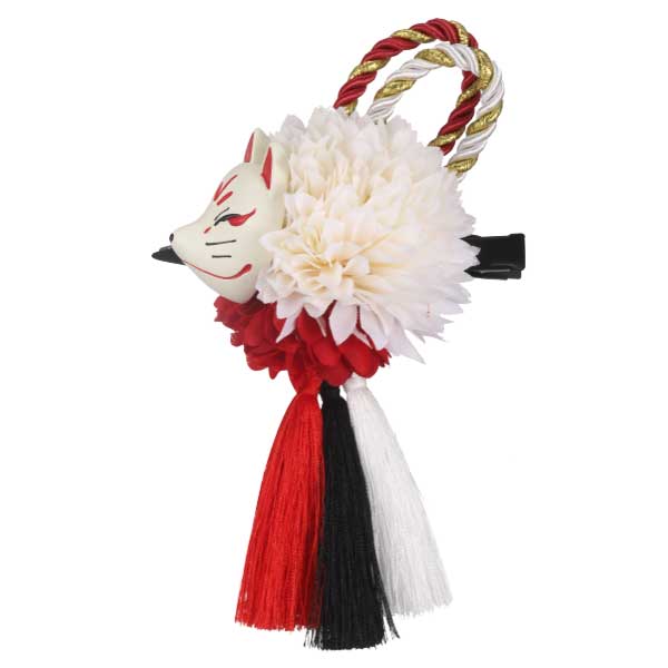 ダリアと狐面の紅白飾り タッセル付