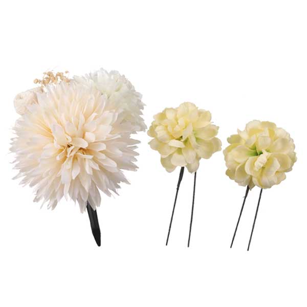 ダリアとちりめん小花の髪飾り 3点セット シロ