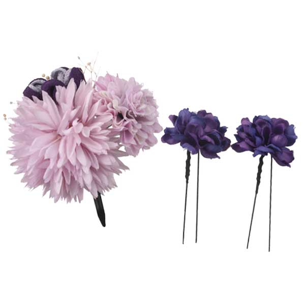 ダリアとちりめん小花の髪飾り 3点セット ムラサキ