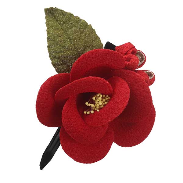 ちりめん椿の髪飾り