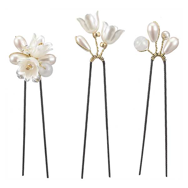 パールと小花のキュート飾り Uピン3点セット ゴールド