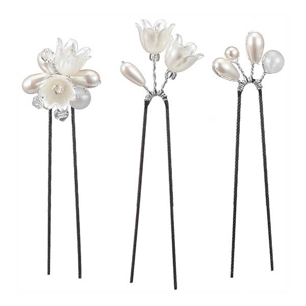 パールと小花のキュート飾り Uピン3点セット シルバー